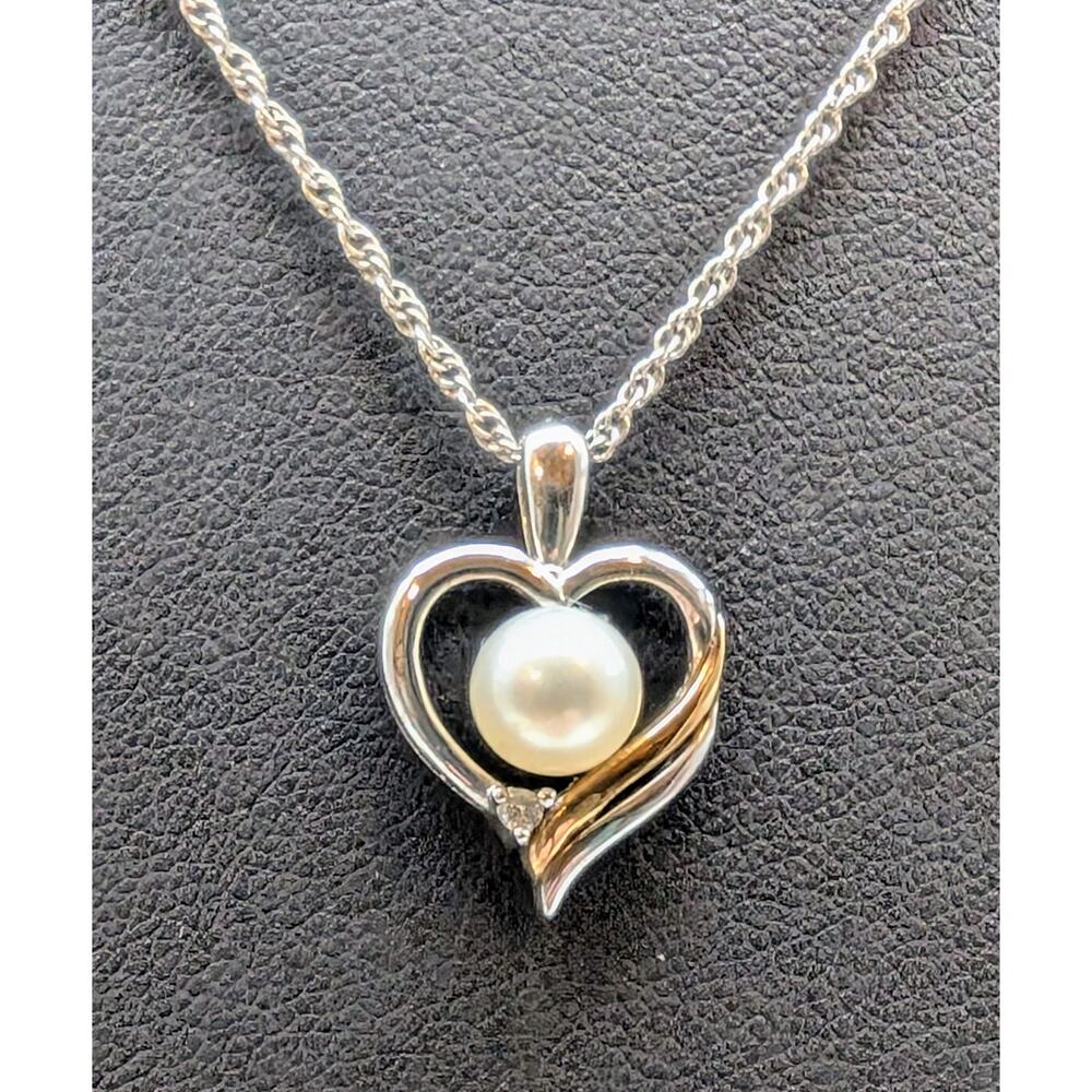 Alwand Vahan 14K Gold 925 Sterling Diamond Pearl Heart Pendant Necklace - Picture 2 of 9